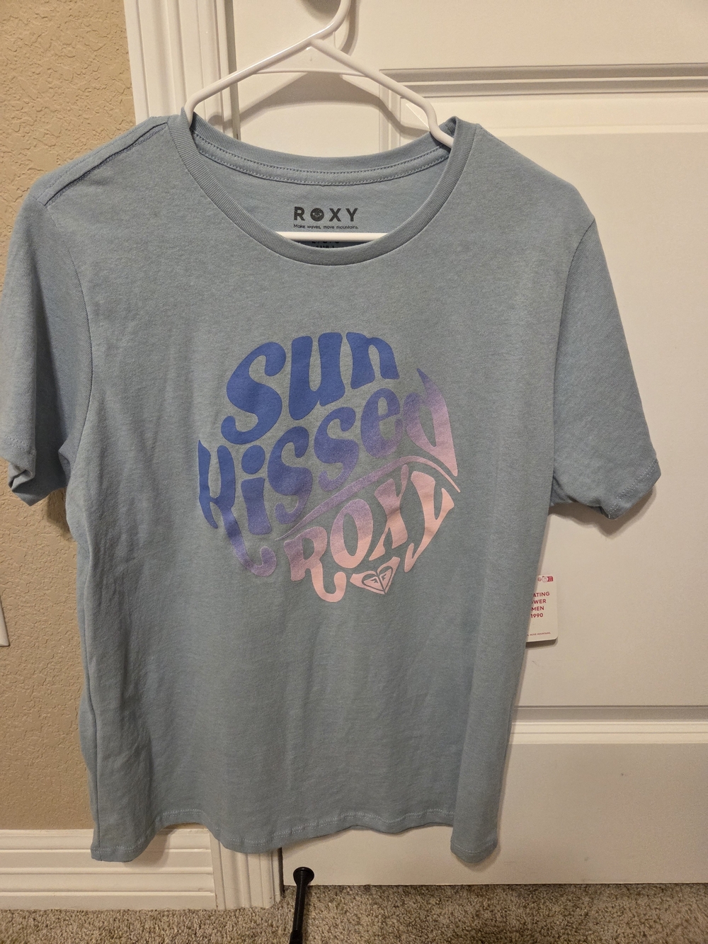 Roxy Light Blue Short Sleeve Tee with Gradient 'Sun Kissed' Logo